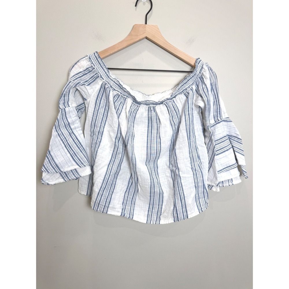 Lucky Brand Cotton Off Shoulder Bell Sleeve Crop Top Shirt White Blue Striped S